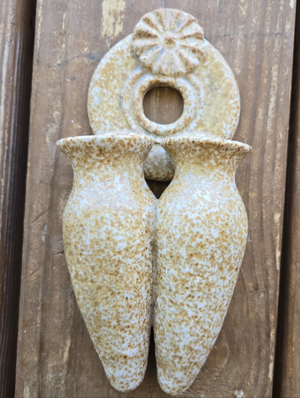 Foxlo double propagation or bud vase wallpocket tan and cream speckled ceramic